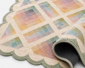 Pastel Checkered Hand Tufted Rug, Kids Room Area Rug, Soft Nursery Carpet, Scalloped Edge Rug, Cute Aesthetic Handmade Bedroom Decor