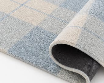 Blue Plaid Rug, Checkered Area Rug, Minimalist Wool Rug, Modern Living Room Rug, Handmade Tufted Rug, Soft Bedroom Rug, Custom Area Rug