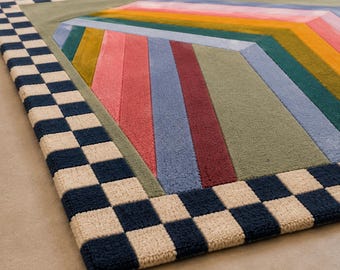 Geometric Abstract Rug, Optical Illusion Area Rug, Hand Tufted Modern Rug, Checkered Border Carpet, Colorful Contemporary Rug