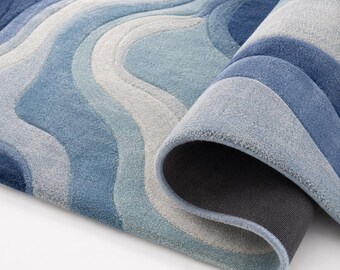 Blue Abstract Wavy Rug, Hand Tufted Wool Area Rug, Modern Irregular Shape Carpet, Ocean Inspired Gradient Rug, Luxury Designer Statement Rug