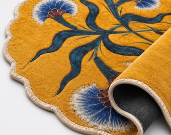 Round Floral Rug, Yellow Flower Rug, Handmade Tufted Rug, Botanical Area Rug, Statement Living Room Rug, Luxury Wool Rug,  Scalloped Rug.