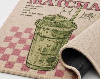 Matcha Rug, Iced Latte Rug, Coffee Lover Rug, Cute Kitchen Rug, Aesthetic Cafe Decor, Green Pink Checkerboard Rug, Handmade Tufted Area Rug