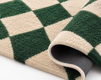 Green Checkerboard Rug, Hand Tufted Wool Area Rug, Wavy Checkered Carpet, Modern Living Room Rug, Retro Checker Rug, Custom Handmade Rug