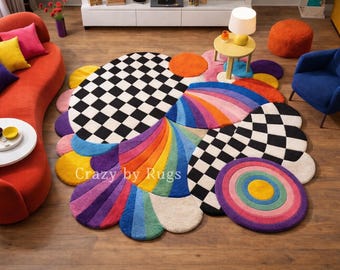 Abstract Colorful Tufted Rug | Modern Checkerboard & Rainbow Rug | Handmade Designer Carpet | Irregular Shape Area Rug | Crazy By Rugs