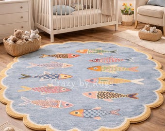 Round Fish Rug, Scalloped Edge Hand Tufted Wool Rug, Colorful Kids Room Rug, Ocean Theme Nursery Decor, Custom Size Handmade Carpet