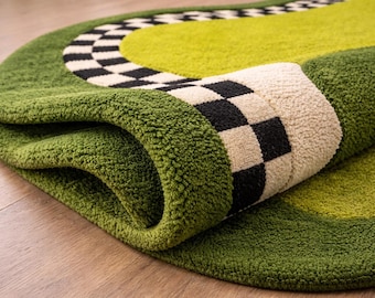 Green Abstract Rug, Checkerboard Statement Rug, Modern Hand Tufted Wool Rug, Unique Organic Shape Carpet, Luxury Designer Area Rug