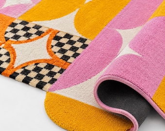 Colorful Hand Tufted Nursery Rug, Scalloped Kids Room Rug, Pink Yellow Checkerboard Rug, Playroom Decor, Retro Flower Shape Area Rug