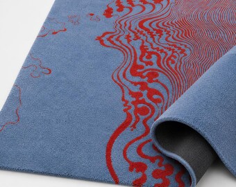 Abstract Wavy Hand Tufted Rug, Modern Optical Illusion Area Rug, Blue Red Contemporary Carpet, Artistic Statement Rug, Luxury Handmade Home