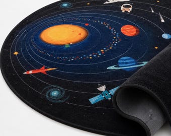 Space Rug for Kids Room, Solar System Rug, Round Planet Rug, Astronomy Nursery Rug, Outer Space Decor, Rocket Astronaut Rug, Handmade Tufted