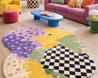 Playful Colorful Tufted Rug – Irregular Abstract Shape with Checkerboard & Polka Dots | Modern Statement Rug for Bold Interiors