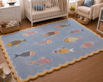 Rectangular Fish Rug, Scalloped Edge Hand Tufted Wool Rug, Colorful Kids Room Rug, Ocean Theme Nursery Decor, Custom Size Handmade Carpet