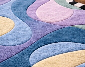 Pastel Abstract Rug, Wavy Irregular Area Rug, Hand Tufted Wool Carpet, Modern Designer Rug, Colorful Statement Rug, Aesthetic Home Decor