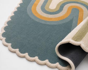 Scalloped Abstract Rug, Retro Wavy Area Rug, Hand Tufted Modern Carpet, Neutral Rainbow Rug, Aesthetic Living Room Decor, Contemporary Rug