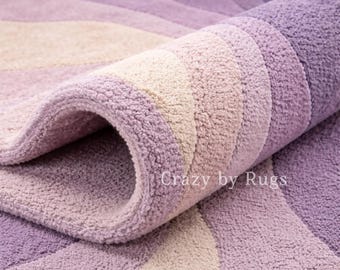 Lavender Abstract Round Rug | Purple Swirl Rug | Scalloped Edge Rug | Hand Tufted Wool Rug | Aesthetic Pastel Rug | Modern Designer Rug |