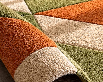 Geometric Hand Tufted Rug, Mid Century Modern Area Rug, Retro Checkered Carpet, Abstract Earth Tone Rug, Handmade Contemporary Living Room