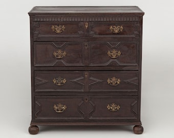 Antique Oak Chest of Drawers: 17th Century Jacobean Style, Geometric Embossed, Handmade Brass Handles