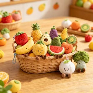 以下が含まれることがあります： パイナップル、イチゴ、バナナ、アボカドなど、果物や野菜を模したぬいぐるみがいっぱい入った柳のバスケット。各おもちゃには笑顔の顔と小さな足が付いています。他のぬいぐるみの果物や野菜が背景に見えます。