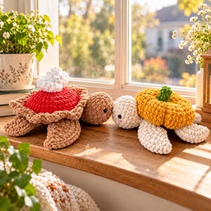 May include: Two crocheted turtle plushies. The left turtle has a tan body and a red shell topped with white yarn. The right turtle has a white body and a yellow pumpkin-shaped shell with a green stem. Both have small black eyes.