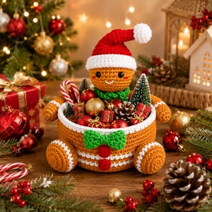 May include: A crocheted gingerbread person basket featuring a red and white Santa hat, a green scarf, and a green bow tie. The tan basket is filled with miniature Christmas ornaments, pinecones, and small gift boxes, with two round feet.