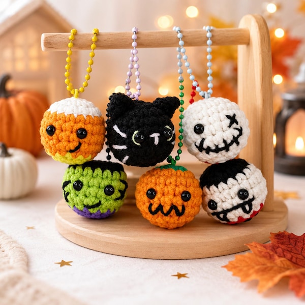 Crochet Halloween Keychain Pattern Bundle, Amigurumi Pumpkin Ghost Cat (Digital Download)
