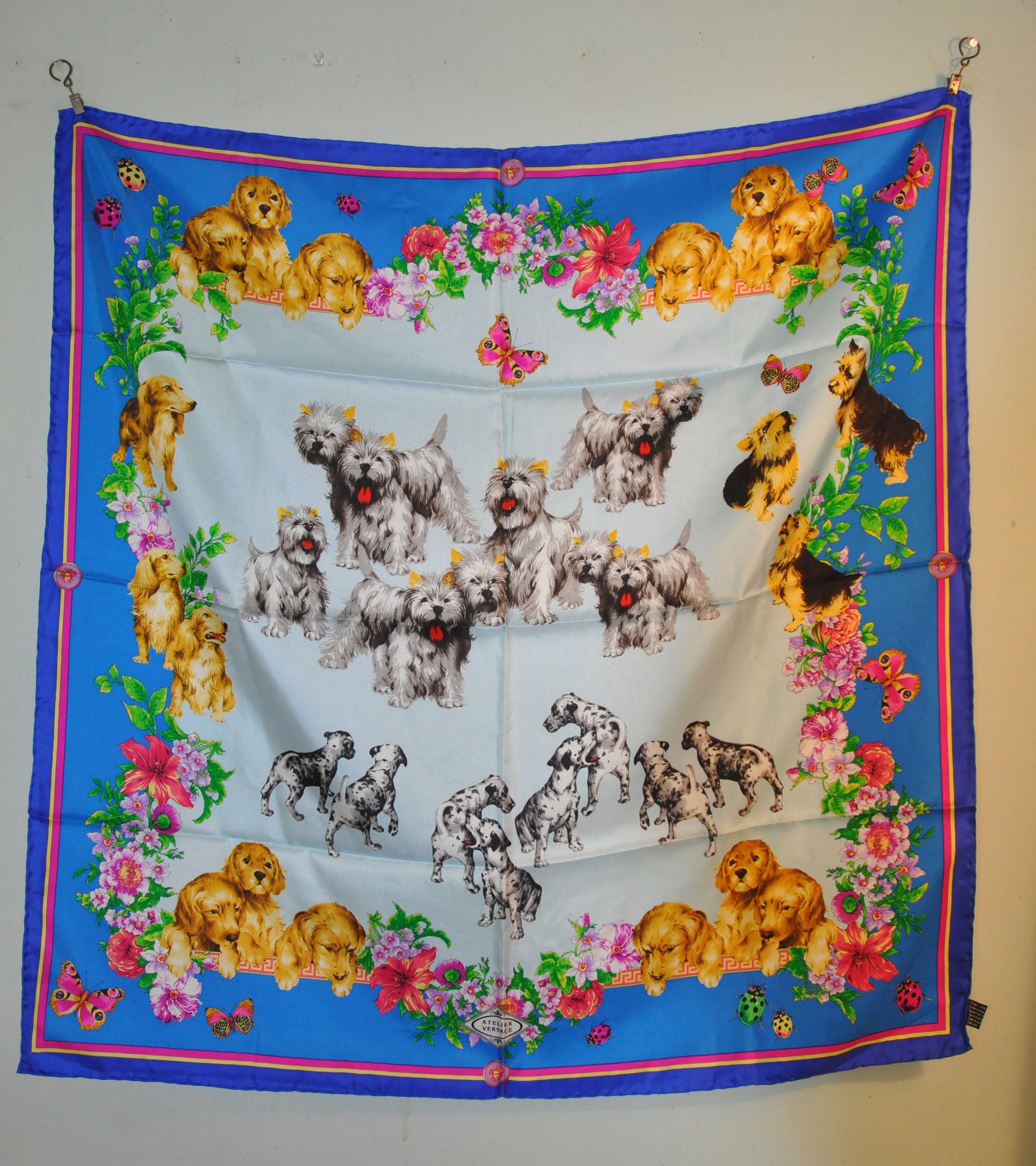 GIANNI VERSACE silk scarf Dogs & Floral print size 34"