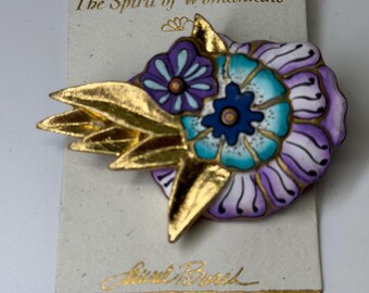 Laurel Burch Signed Hand Painted Floral Brooch Pin