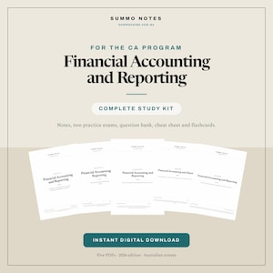 Może przedstawiać: Cyfrowy zestaw do nauki dla programu CA zatytułowany Financial Accounting and Reporting od Summo Notes. Zestaw zawiera notatki, dwa egzaminy próbne, bank pytań, ściągę oraz fiszki w formie pięciu plików PDF do natychmiastowego pobrania.