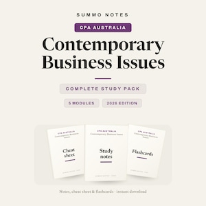 Può includere: Un pacchetto di studio intitolato Summo Notes CPA Australia Contemporary Business Issues 2026 Edition. Include cinque moduli, un foglio di riepilogo, appunti di studio e flashcard. Testo nero e viola su sfondo color crema chiaro.