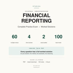 May include: A white PDF document with the title "FINANCIAL REPORTING" in large, bold, black letters. The document includes exam details: 60 multiple choice questions, 4 short answer questions, 2 case studies, and 100 total marks. Text states "Every question has a full worked solution."