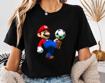 Mario Kicking Soccer Ball T-Shirt: Unisex Cotton Blend Graphic Tee