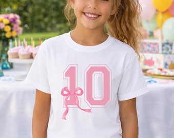 Girls 10th Birthday Pink Bow Shirt, Custom Tenth Birthday Tee