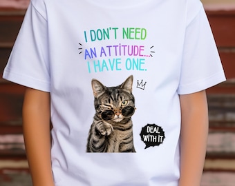 Sarcastic Cat T-Shirt, Funny Attitude Cat, Sassy Quote Graphic Tee, Deal With It Clipart