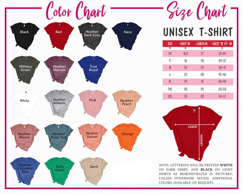 Puede incluir: Tabla de colores y tabla de tallas para camisetas unisex. La tabla de colores muestra varios colores de camisetas, incluyendo negro, rojo y azul marino. La tabla de tallas proporciona medidas en cm para el pecho y la longitud.
