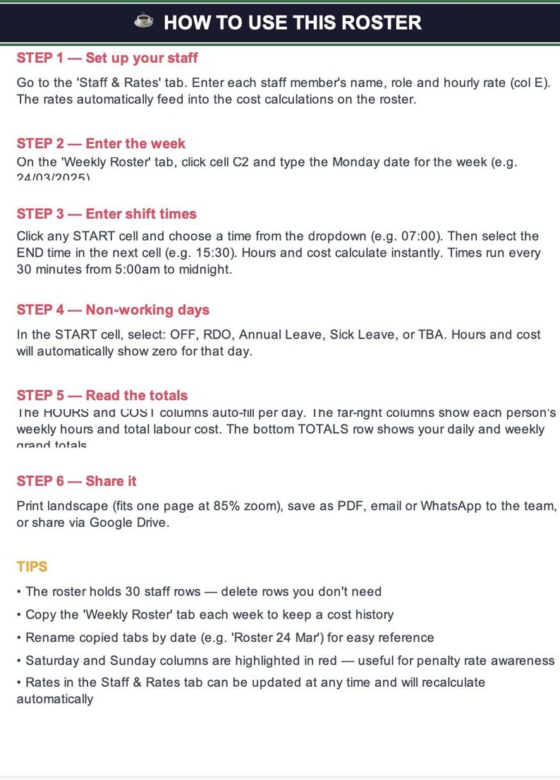 Staff Roster Template | Excel Shift Scheduler | Weekly Rostering ...