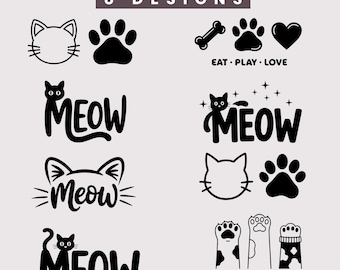 Cat Meow SVG Bundle, Black Cat Face, Paw Print Vector Cut File (Digital Download)