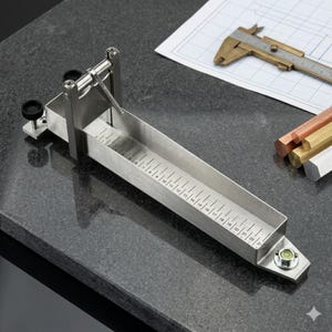 May include: A stainless steel metal measuring tool with a trough and a ruler marked from 0 to 21 inches. The tool has a level and is on a dark surface. A caliper and metal rods are in the background.