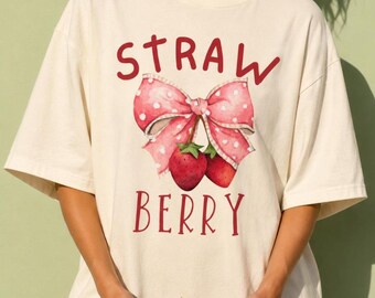 Camiseta Comfort Colors com estampa de morango, camiseta moderna com estampa de morango, camiseta fofa estilo cottagecore, camiseta fofa com laço, camiseta moderna com estampa de frutas para a primavera