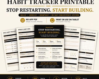 Habit Tracker Printable | Daily Weekly Monthly Habit Tracker PDF | 90 Day Consistency Journal | No App Routine Planner