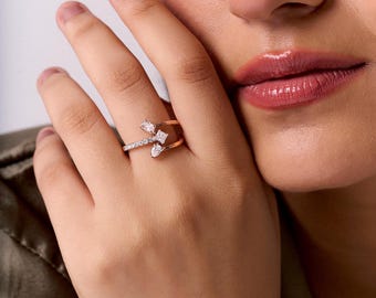 Anello con tre diamanti, anello con diamante ovale, anello con diamante taglio princess a pera, anello di fidanzamento, regalo per la moglie, anello con diamanti sintetici e diamanti multipli, oro 14 carati