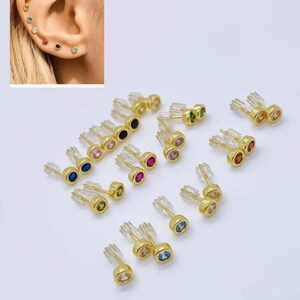 5Pcs Multi Color CZ Bezel Set Stud Earrings, 18K Gold Plated Tiny Round Zircon Earrings, Minimalist Stackable Cartilage Studs