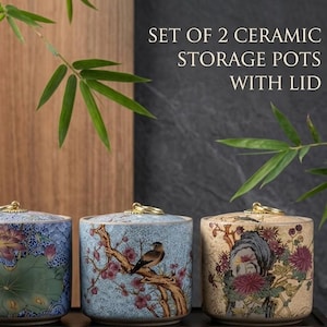 Juego de 2 tarros de cerámica con tapa, bote de té pintado a mano, tarro decorativo para dulces, organizador de cocina y hogar.