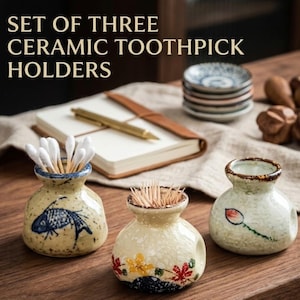 Juego de 3 mini tarros de cerámica para palillos de dientes, estilo japonés, almacenamiento decorativo, soporte para hisopos de algodón, organizador de cocina y baño.