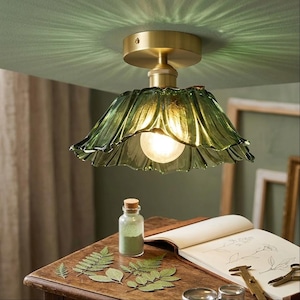 Green Glass Flower Ceiling Light, Vintage Botanical Lamp, Antique Brass Pendant Light, Nature Inspired Lighting, Cottagecore Home Decor