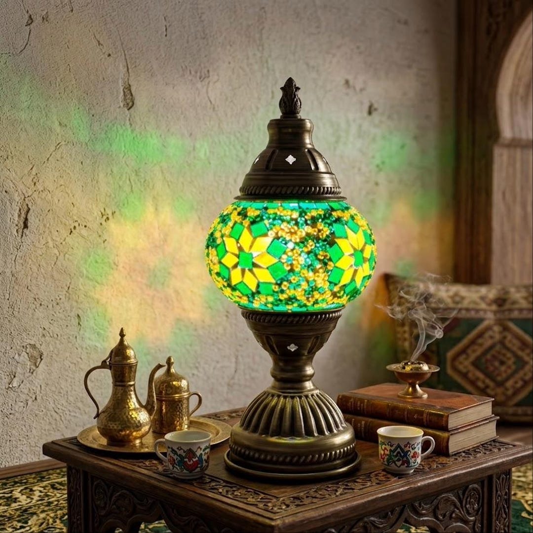 Turkish Mosaic Lamp DIY Kit – Stained Glass Tabletop Night Light, Bohemian Moroccan Craft Set With Antique Bronze Base