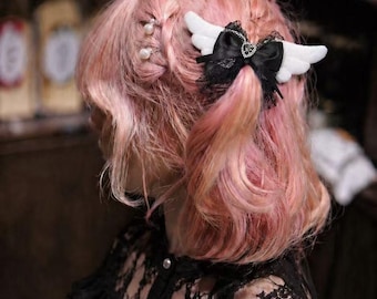 Handmade Angel Wing Bow Hair Clip with Rhinestone Heart – Kawaii Jfashion Accessory