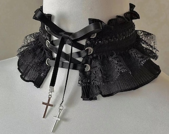Handmade Gothic Lace Choker, Jirai Kei Cross Corset Necklace, Dark Lolita Ruffle Collar, Punk Grunge Ribbon Choker with Silver Cross Charms