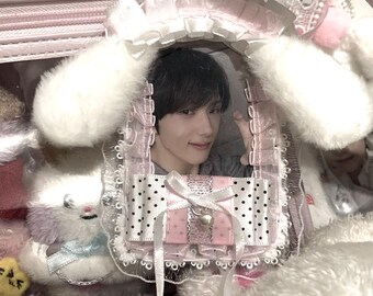 Handmade Kpop Photocard Holder, Pink Lace Bow Card Sleeve, Pastel Lolita Polaroid Case, Cute Plush Ear Bag Charm, Kawaii Collectible Deco