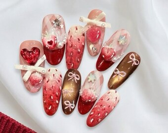 Handmade Strawberry Chocolate Press on Nails, Luxury 3D Fruit Gel Nails, Cute Coquette Red Bow Fake Nails, Custom Gyaru Cottagecore Glue on