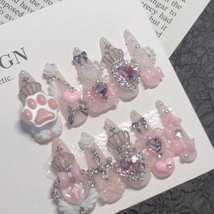 Handmade Balletcore Press on Nails, Luxury Pink Ryousangata, 3D Heart Crown, Cat Paw Wings