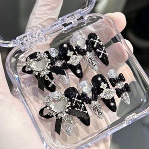 Handmade Black Goth Press on Nails | Silver Chrome Cross Planet Fake Nails | Punk Rock Cybercore Nail Art | Custom Jirai Kei Gel Nails